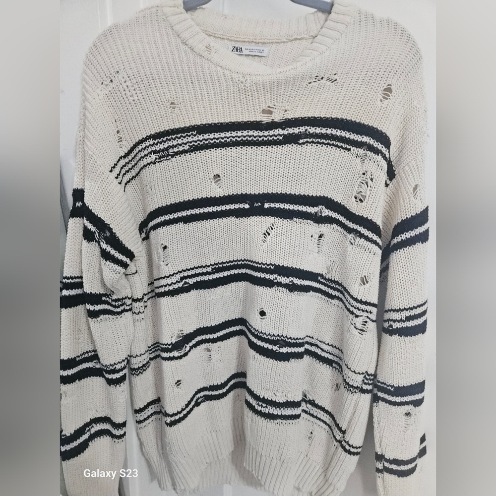 Zara Cream and Black Ripped Striped Sweater